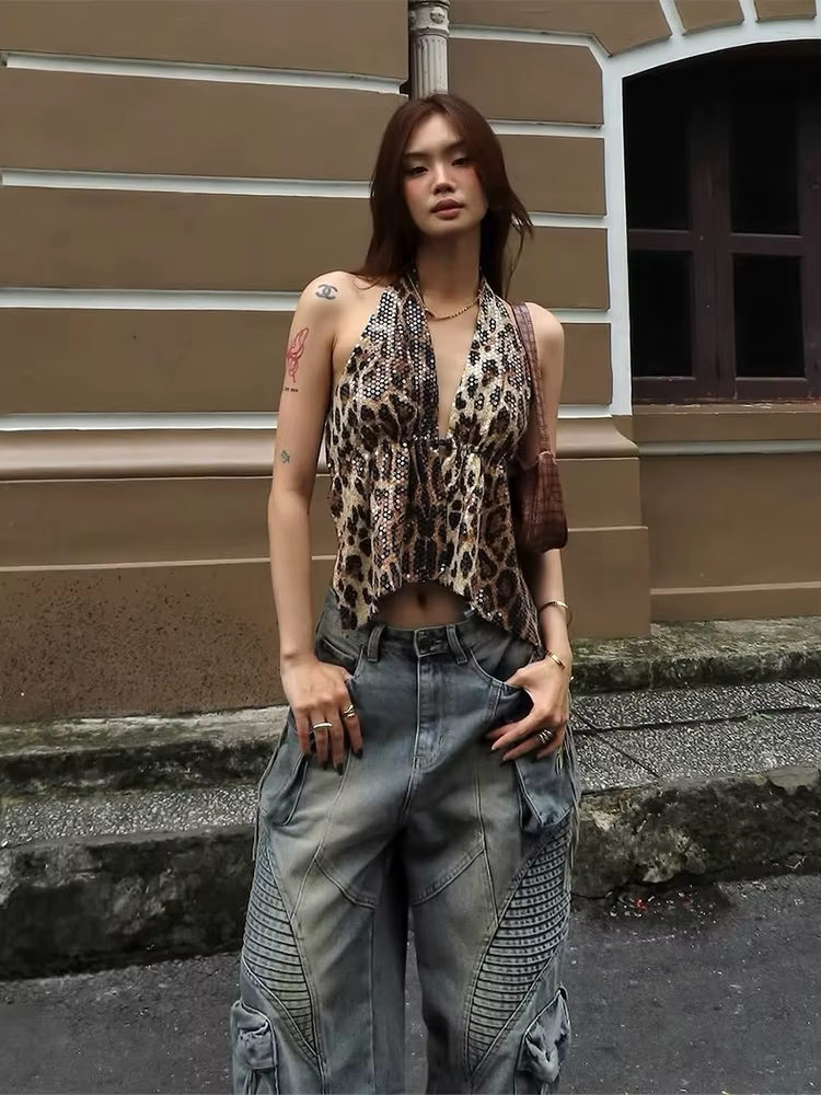 Nibber imprimé léopard paillettes femmes gilet dos nu licou col en v à lacets sans manches rue maigr