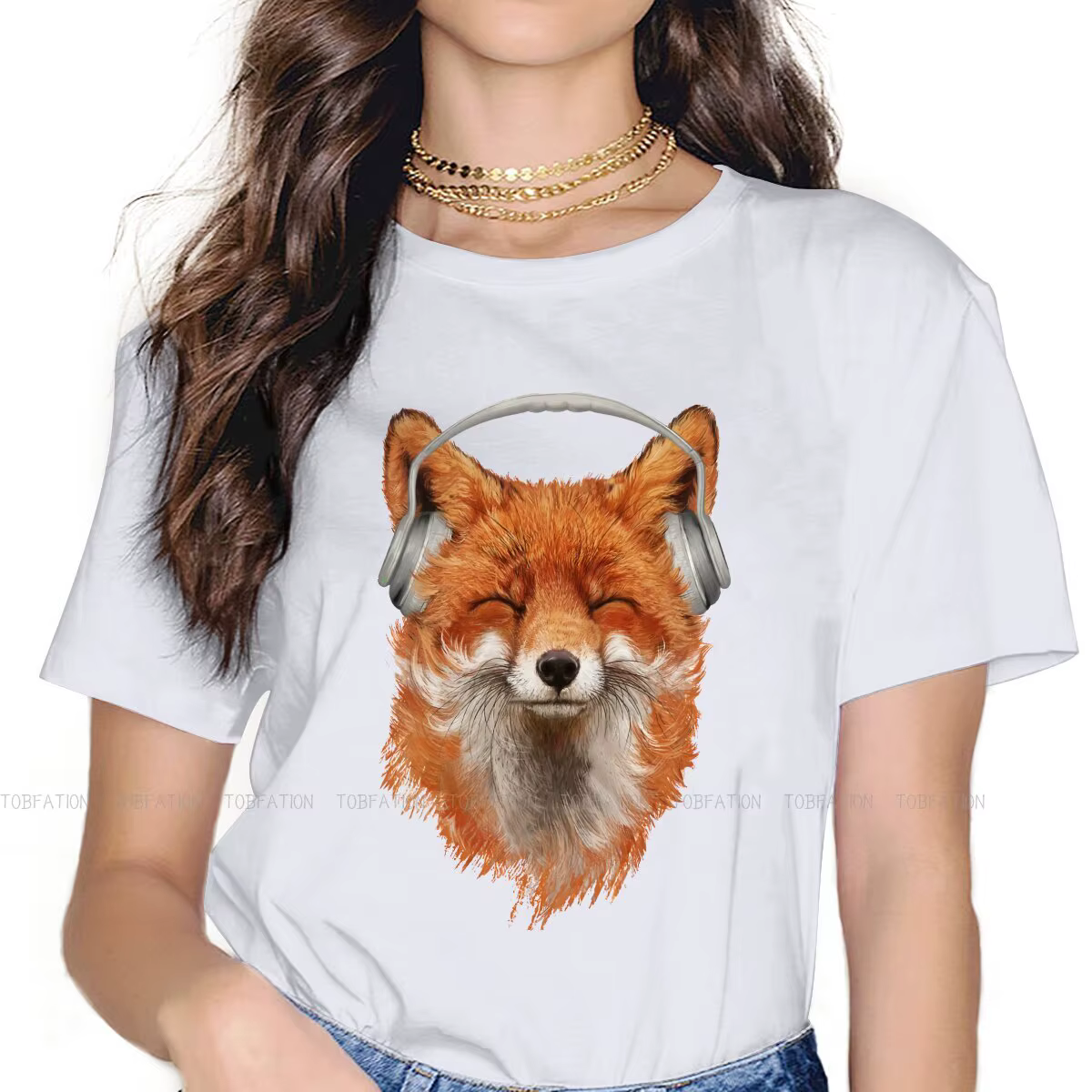 T-shirt femme, estival et humoristique, en coton, 5XL, avec image de renard Musical souriant, pour f