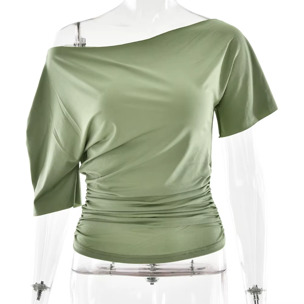 Haute qualité vente chaude en gros été nouveau T-shirt femme Sexy épicé fille plissée simple épaule 