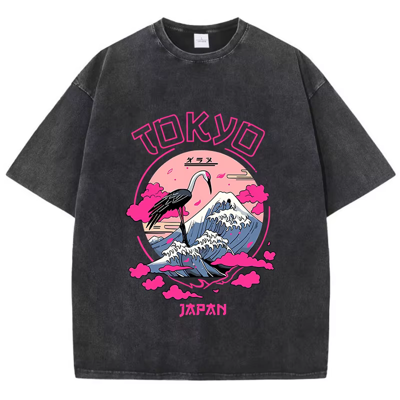 T-shirt manches courtes col rond femme, en coton, vintage, lavage à l'acide, imprimé TakHarajuku, à
