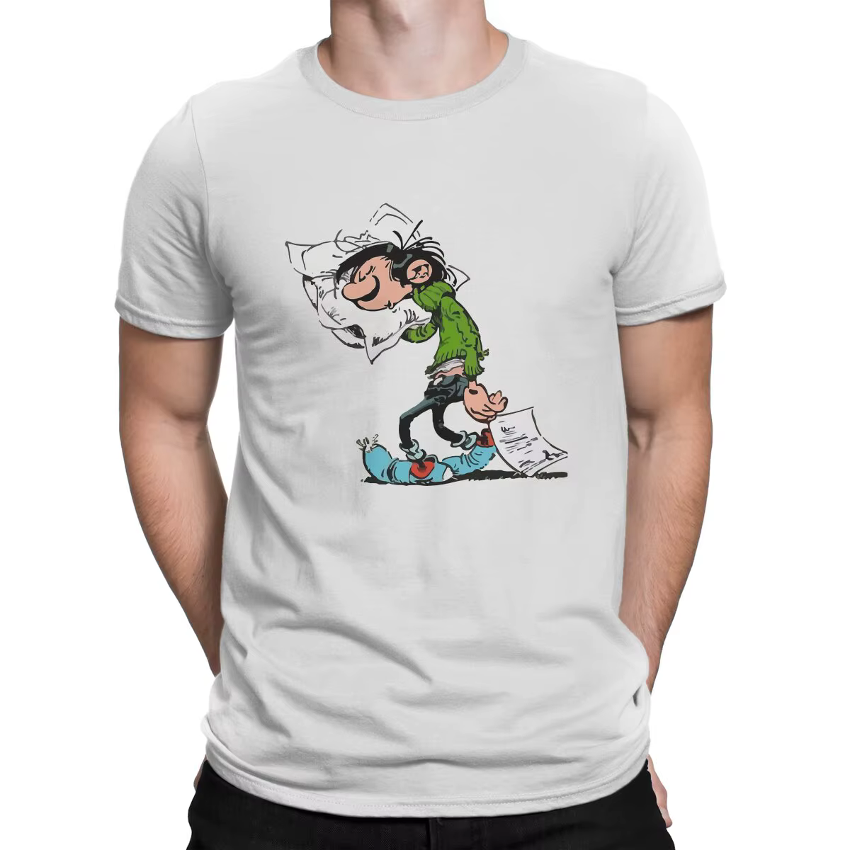 Gaston Lagaffe Comics T-shirt pour homme, T-shirt créatif, Big Ben avec oreiller, col rond, pur coto