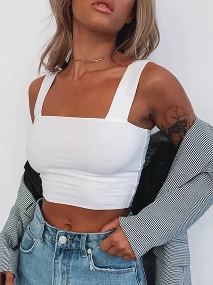 Col carré sans manches été haut court blanc femmes noir décontracté basique t-shirt épaules nues Cam