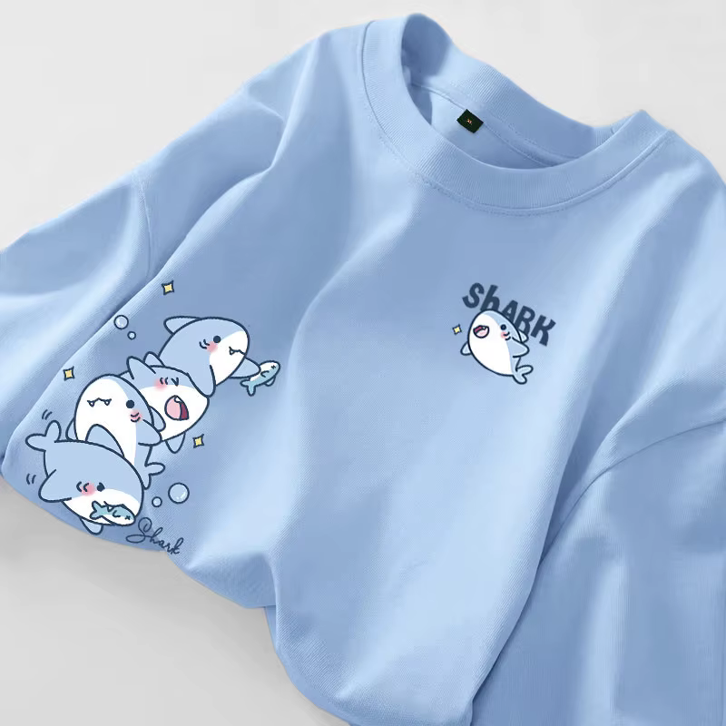 T-shirt à manches courtes d'été, imprimé requin de dessin animé, simple, décontracté, ample et polyv