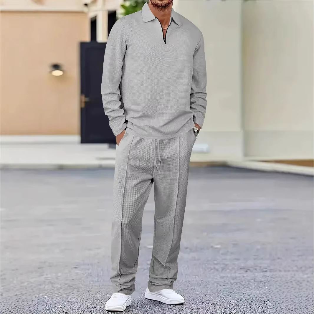Polo et pantalon à manches longues pour hommes, ensemble décontracté à col de couleur Pure, nouveau 