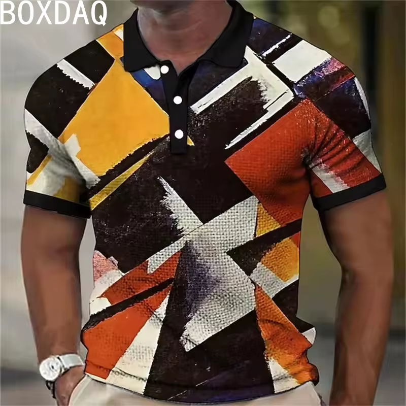 Polo de sport à manches courtes pour hommes, impression de motifs géométriques colorés en 3D, grande