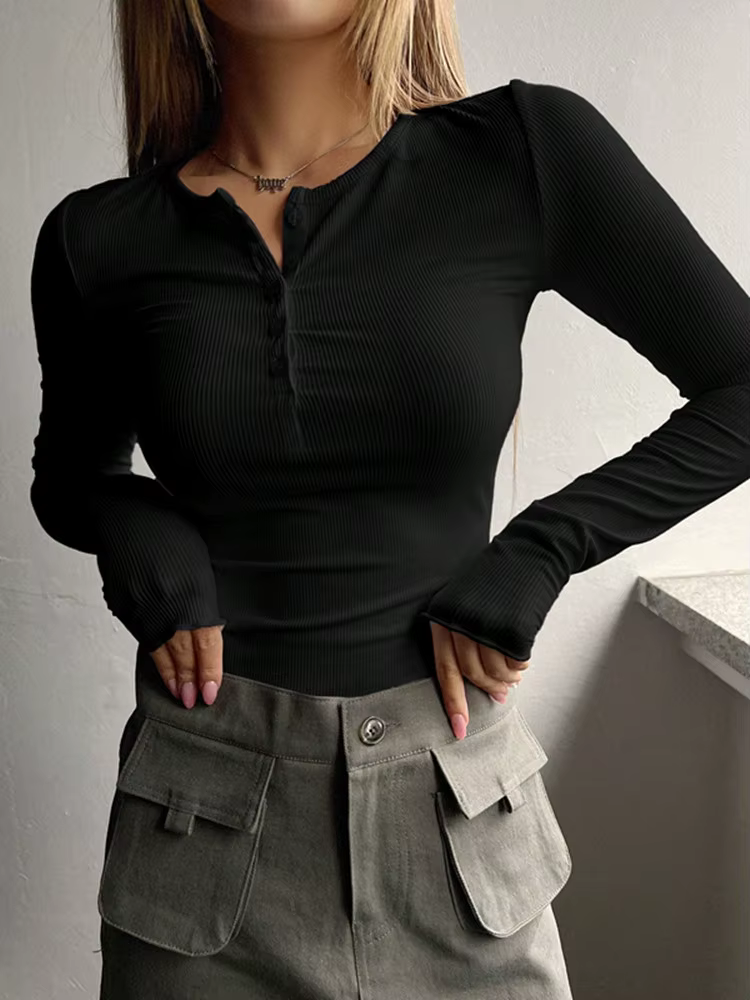 T-shirt côtelé uni à demi-bouton sur le devant pour femmes, haut tendance, coupe décontractée, t-shi