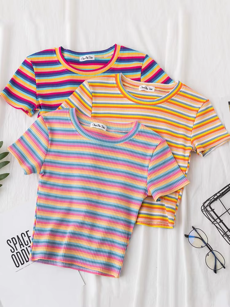 T-shirt rayé arc-en-ciel pour femme, manches courtes, vêtements féminins coréens, t-shirt Harajuku, 