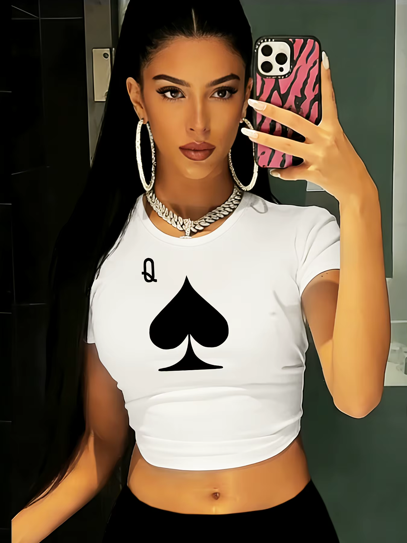 Crop top blanc pour femme avec imprimé pique noire, pour un style décontracté, confort quotidien, vê
