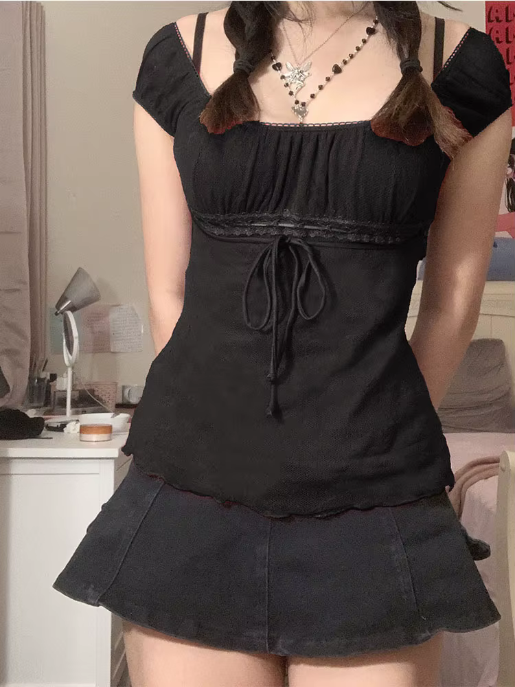 T-shirt en dentelle pour femmes, épaules dénudées, avec cordon de serrage, mode coréenne, fée Grunge