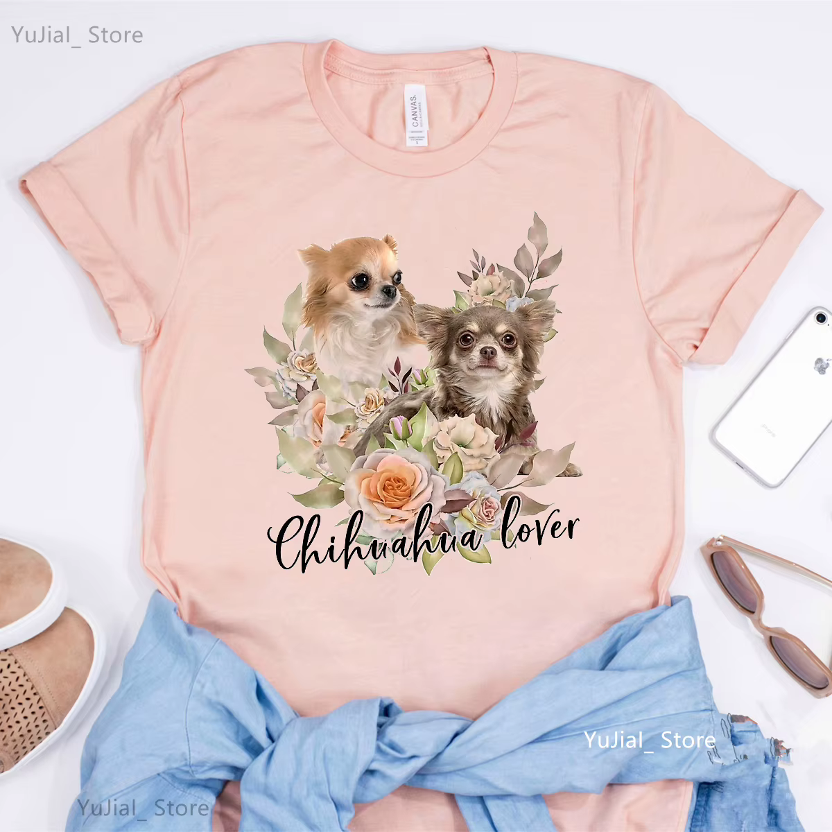 T-shirt femme, amant de Terrier, Chihuahua, Bulldog, Ausds, Yorkshire, Harajuku, Kawaii, fleur, rose