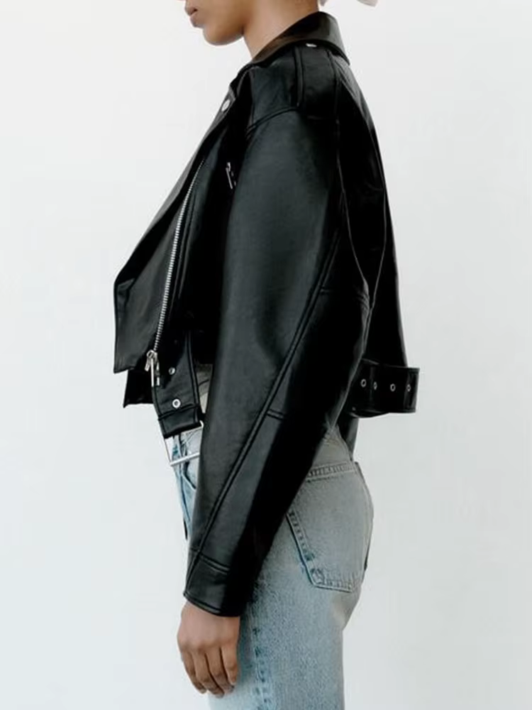 Ailegogo printemps automne femmes Faux cuir Pu veste courte avec ceinture moto motard femme fermetur