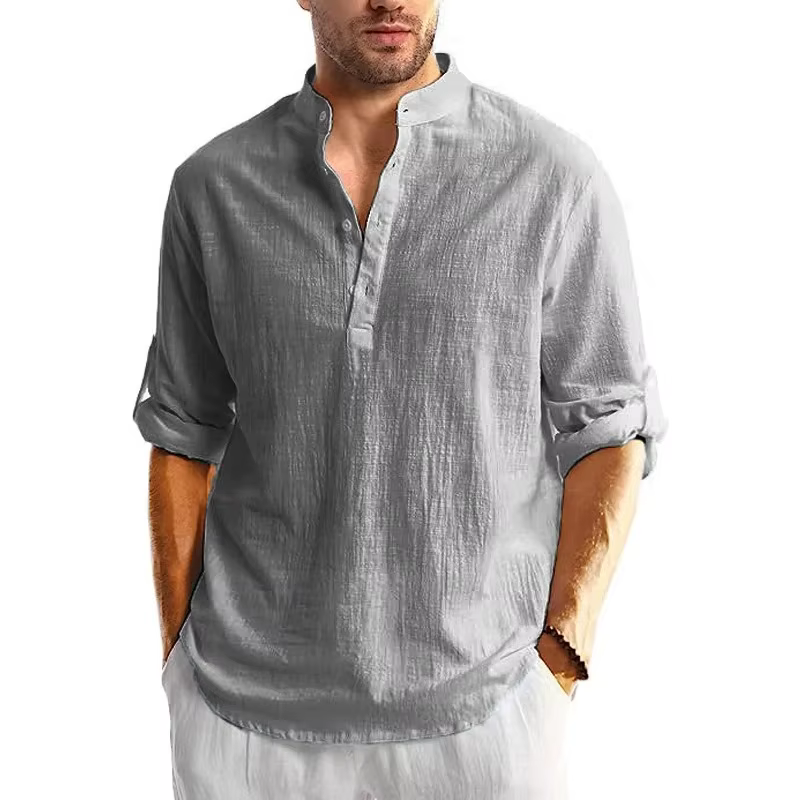 Nouveaux hommes lin coton t-shirts à manches longues boutonné chemises Henley plage chemises hawaïen