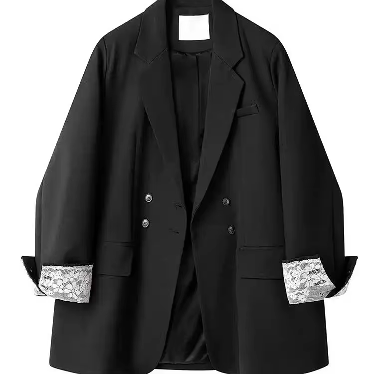 Blazer oversize pour femme avec détail de manchette en dentelle, veste de costume décontractée à dou