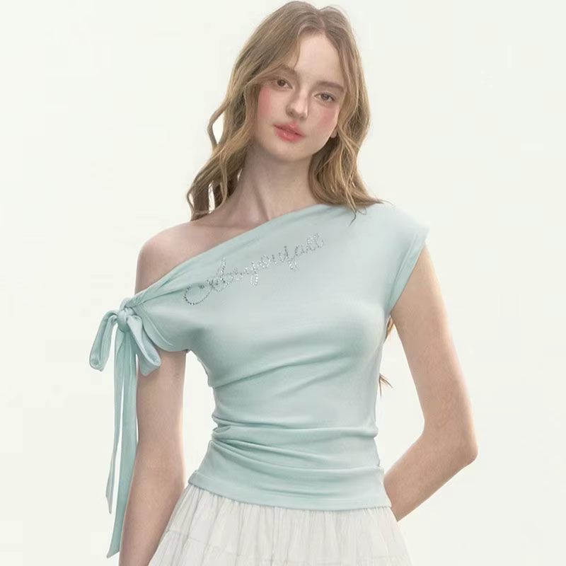 JOEVILU T-shirt slim avec nœud papillon et épaules dénudées, haut court sans manches, Sexy, mode cor