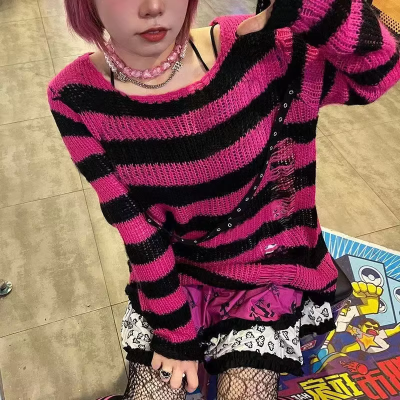 Nouveau Streetwear haut Punk gothique Long unisexe pull été femmes rayé Cool trou creux cassé pull a