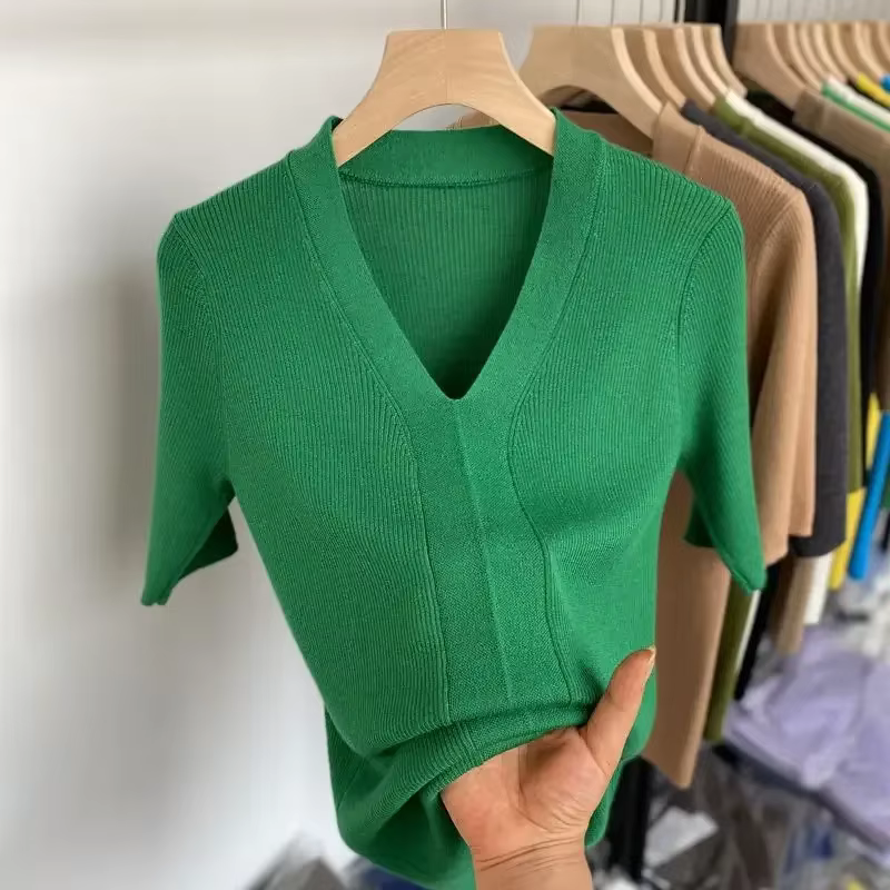 T-shirt à Manches Courtes et Col en V pour Femme, Slim et Décontracté, Couleur Unie, Vert, Été 2025