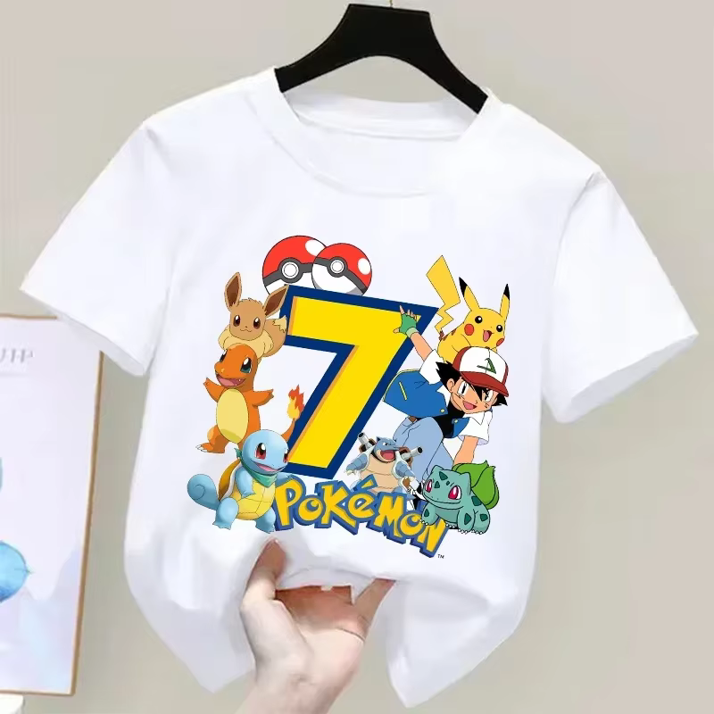 Pokemons Pikachu enfants t-shirts anniversaire numéro 1-9 imprimé t-shirt garçons filles été décontr
