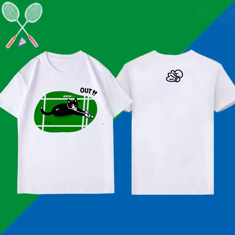 T-shirt de badminton mignon à motif chat de terrain, en pur coton, imprimé, style culturel, dessin a