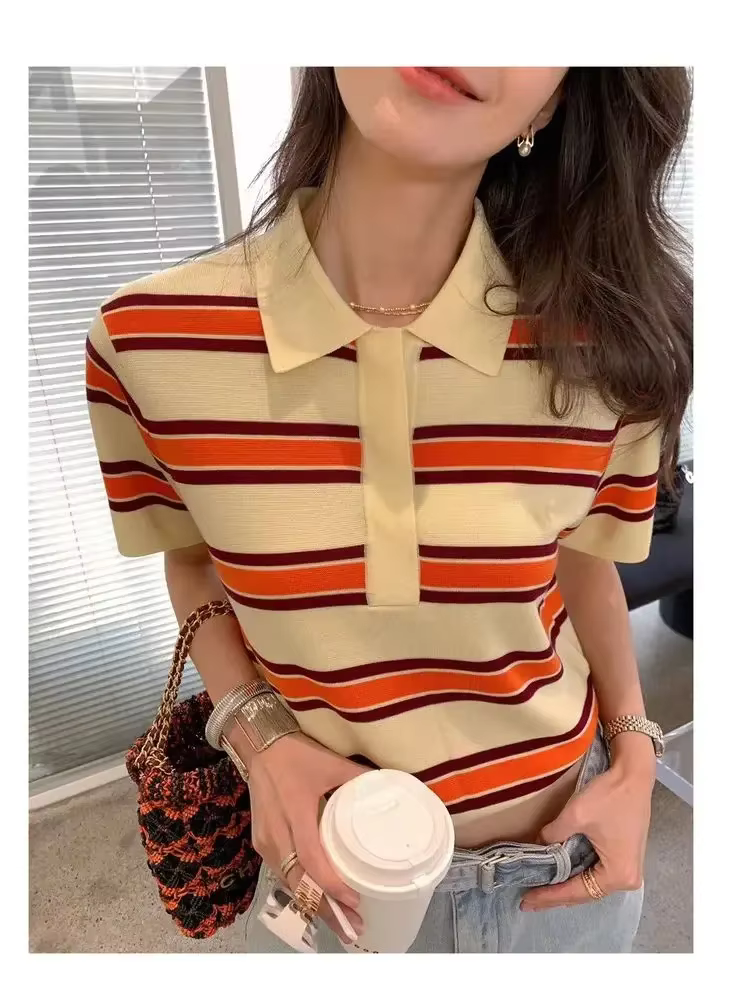 2025 classique col POLO Design pur Lyocell pull femmes tricoté manches courtes pull de haute qualité