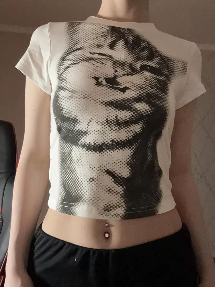 Harajuku Animal imprimé haut court basique blanc à manches courtes col rond T-shirt femmes décontrac