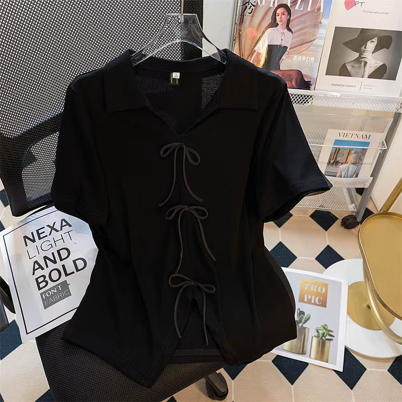 T-shirt à manches courtes avec nœud en été, nouveau Style, polyvalent et Chic, col Polo, haut à manc