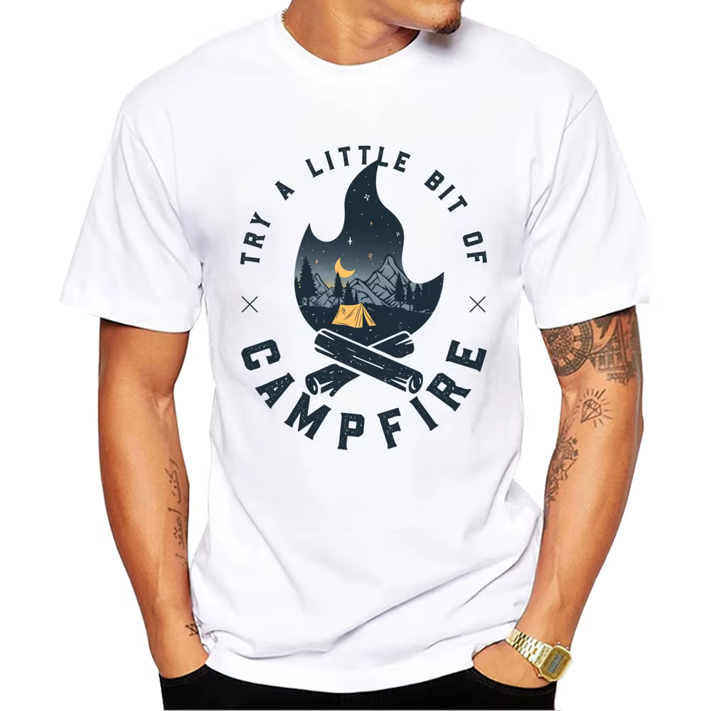 TEEHUB-T-shirt manches courtes pour homme, vêtement de camping, cool, montagne, feu de camp imprimé,