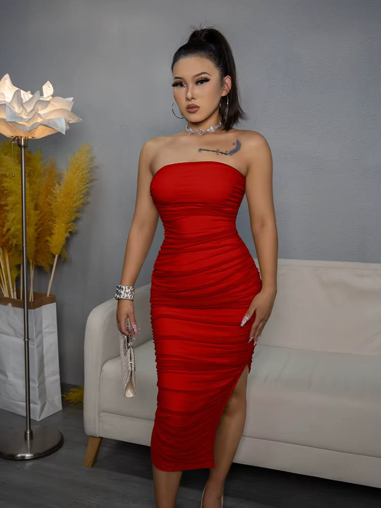 Femmes été bretelles Sexy fente Bobycon robe taille haute hors de l'épaule robes froncées