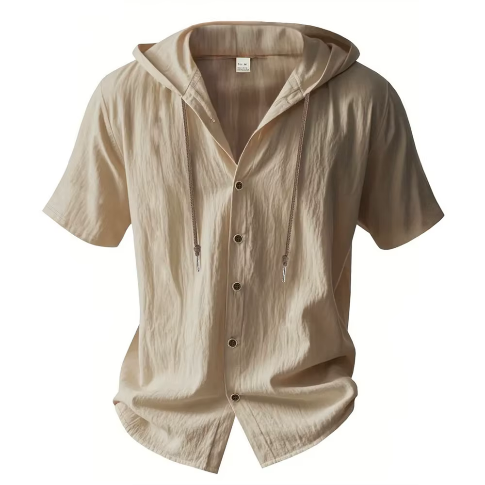 Chemise en coton et lin pour hommes, à capuche, manches courtes, couleur unie, respirante, légère, a