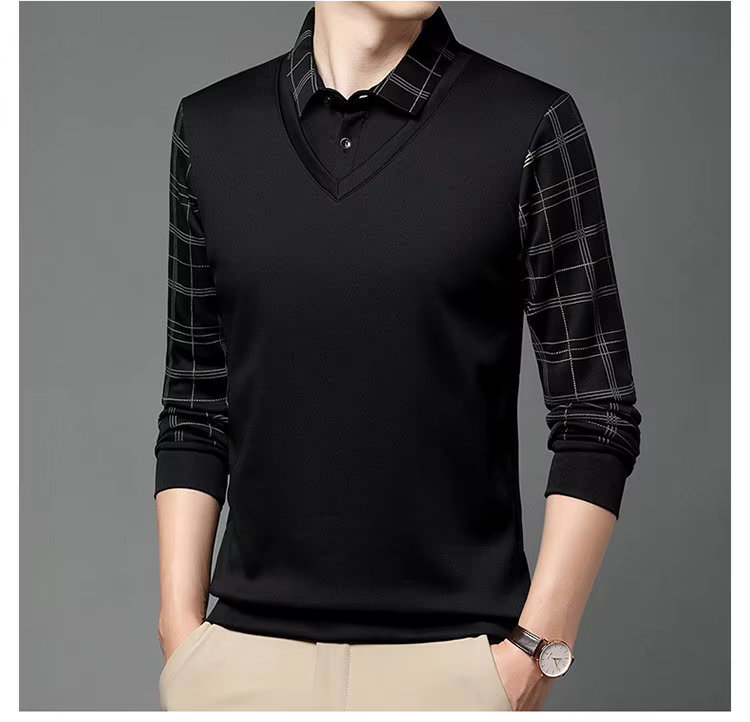 Nouveaux Polos Homme Printemps-Automne à Manches Longues, Chemises Décontractées à Col Effet Deux Pi