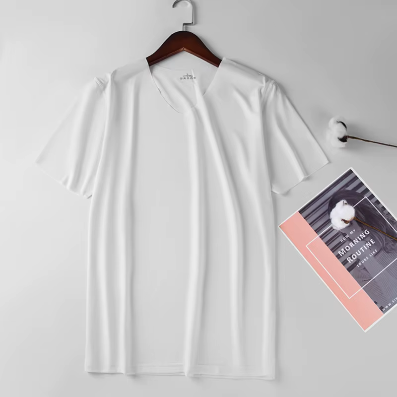 Chemise Slim pour hommes chemises de base en soie glacée couleur unie respirant sans couture T-shirt