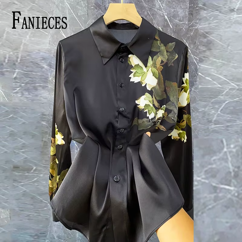 FANIECES noir Satin femmes chemise à manches longues printemps automne mince Blouse bureau dames hau