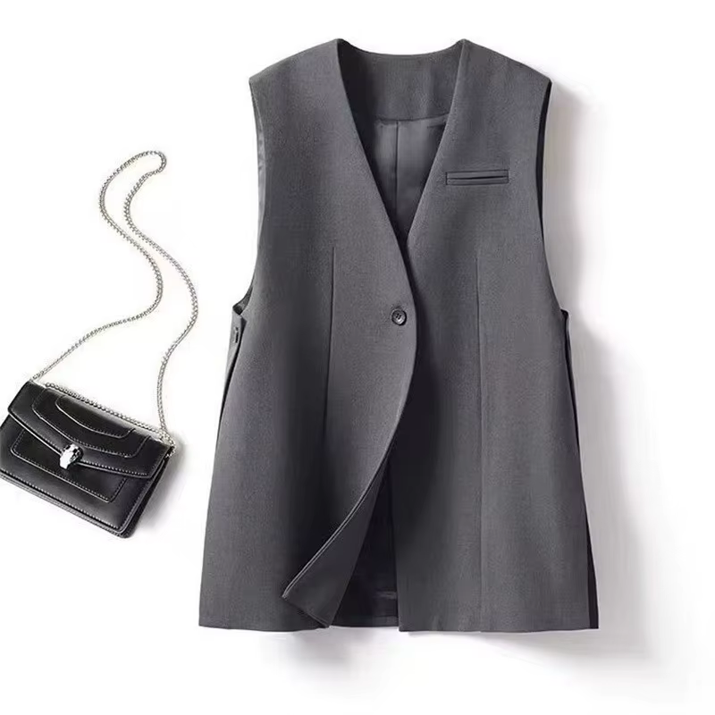 Gilet de costume élégant à fente latérale pour femme, sans manches, col en V, en polyester, style dé