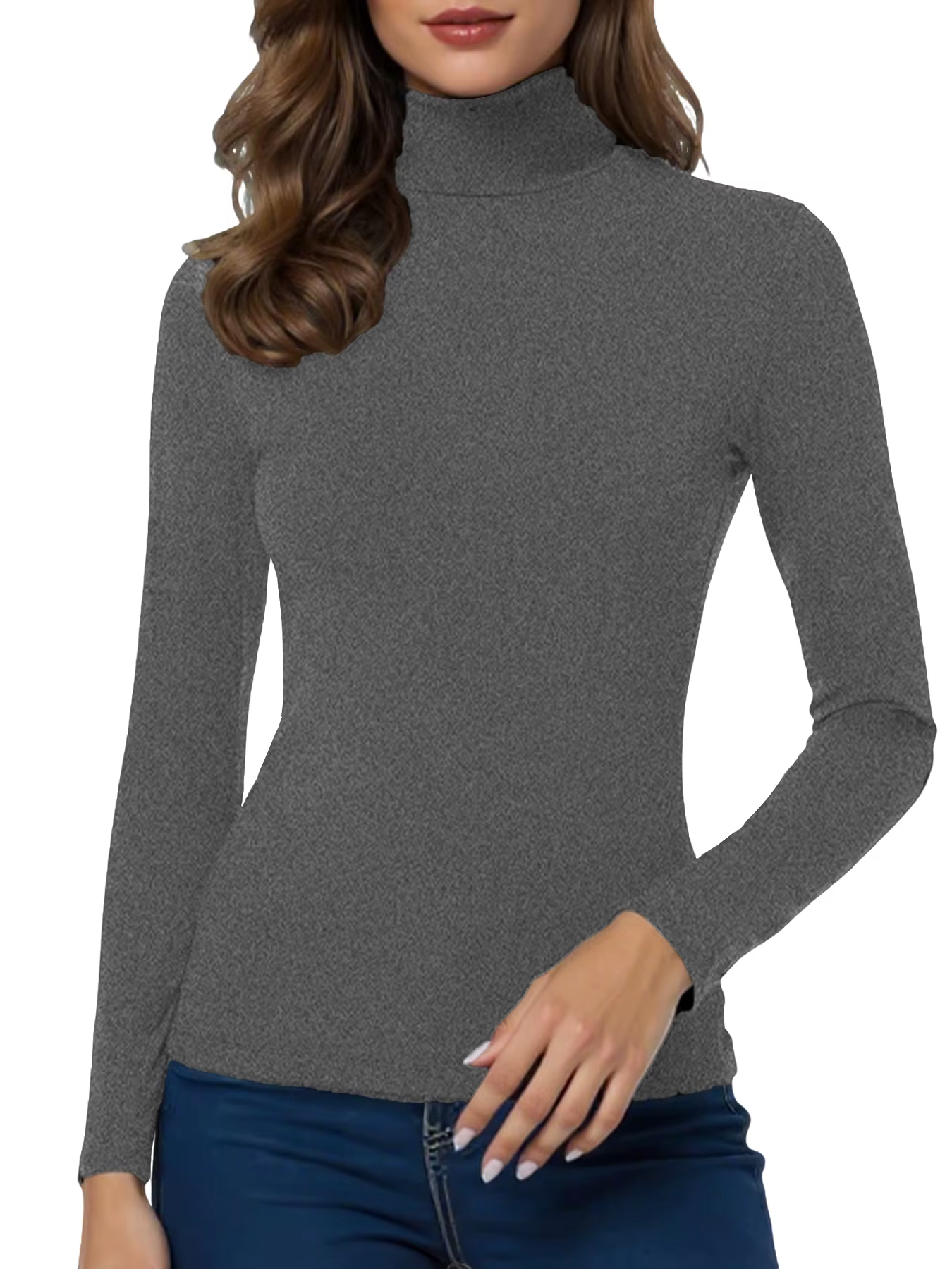 T-shirt à manches longues et col haut pour femme. T-shirt décontracté extensible de couleur unie Sup