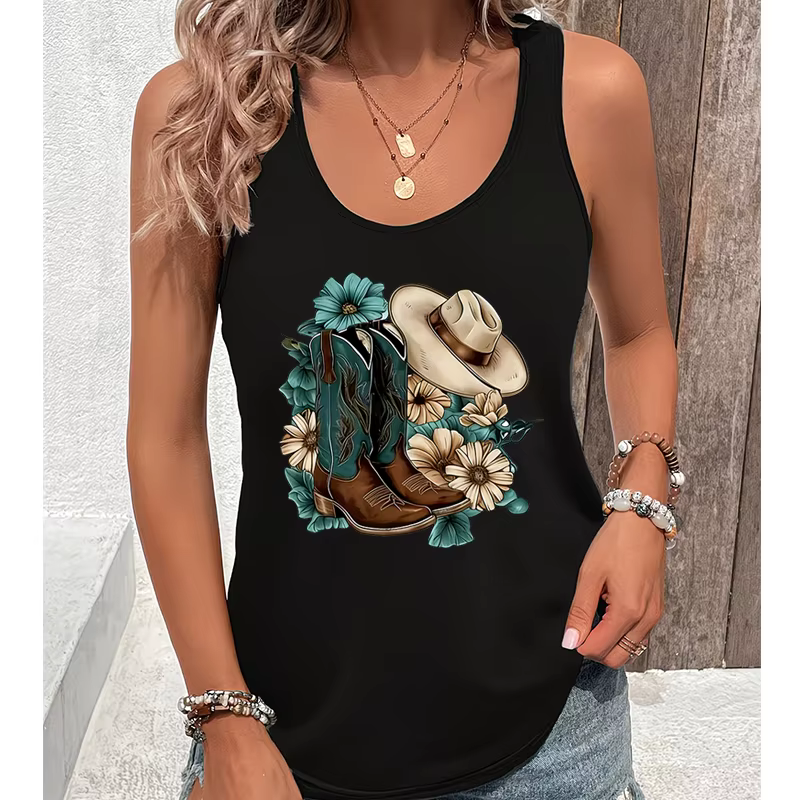 Débardeur style western pour femme, imprimé floral, tenue d'été vintage, débardeur dos nageur style