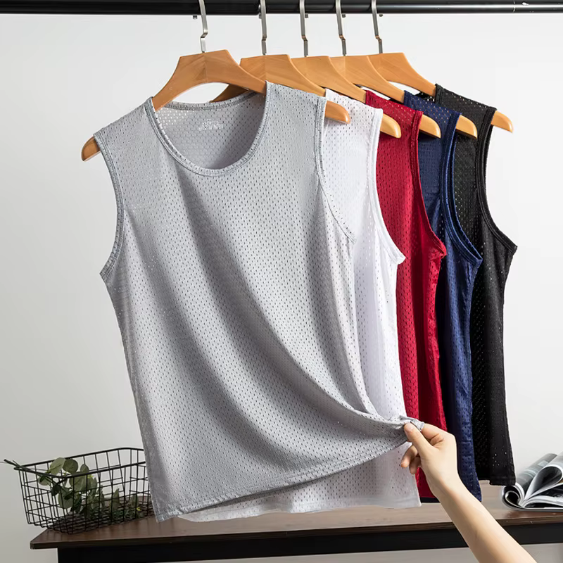 Nouveaux hommes maille gilet glace soie séchage rapide musculation débardeurs Fitness Muscle sans ma