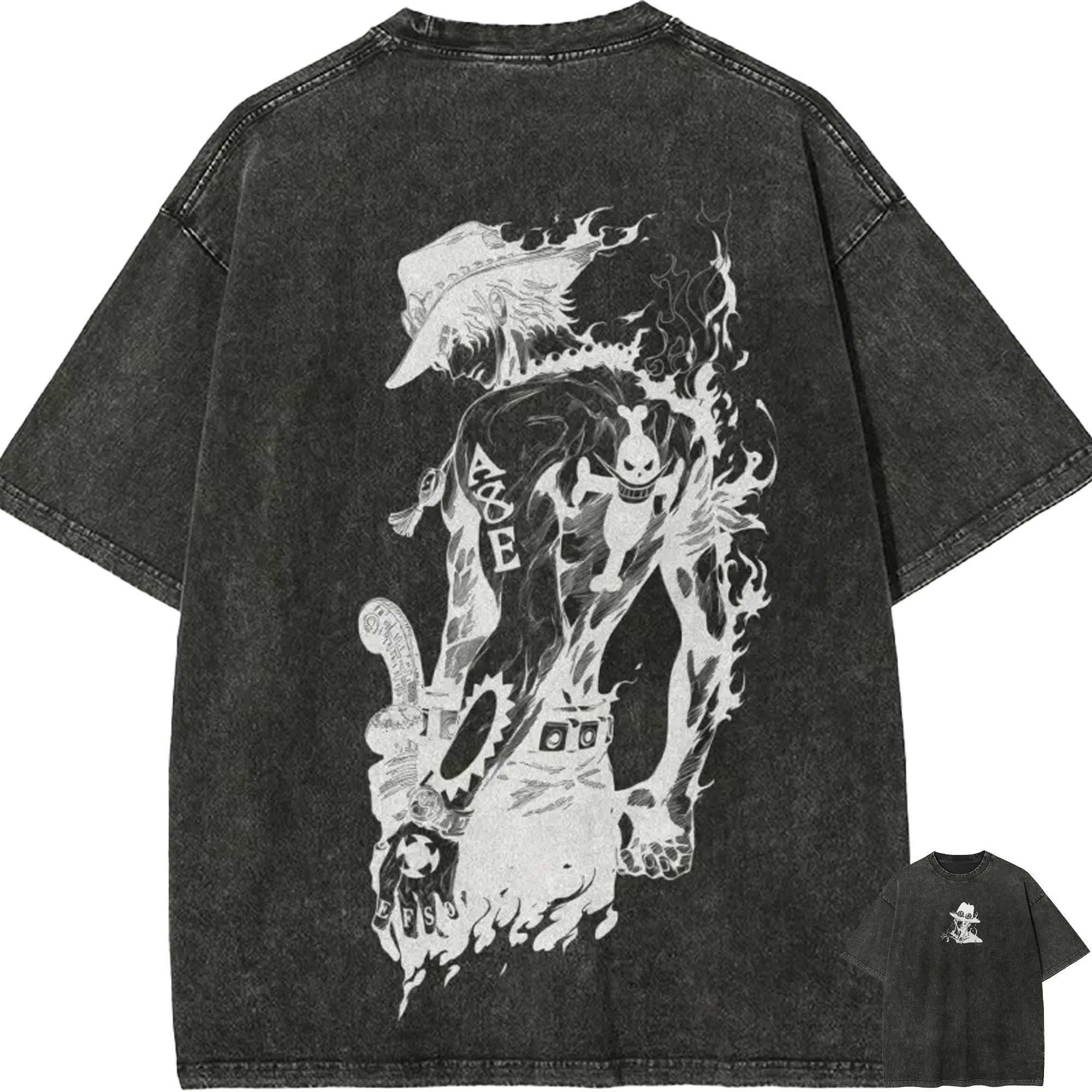 T-shirt Ace pour homme, One Piece, délavé à l'acide, motif poing de feu sur le dos, en coton, style 