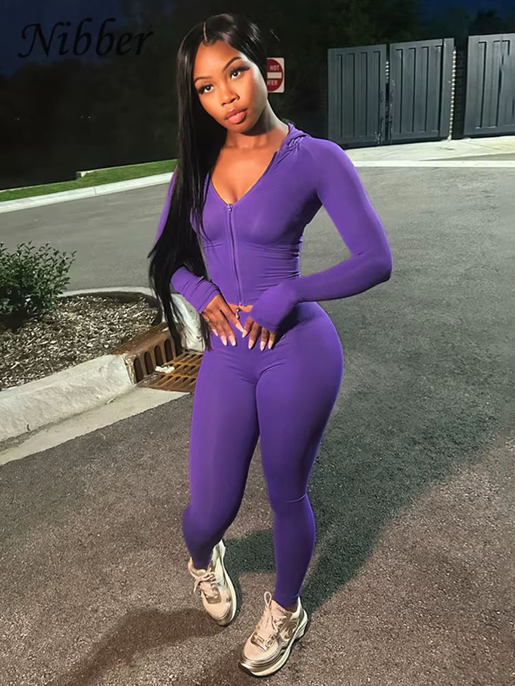 Nibber Sportif Casual 2 Pièce Ensemble Femmes Survêtement À Capuchon Zip Crop Tops + Leggings Fitnes