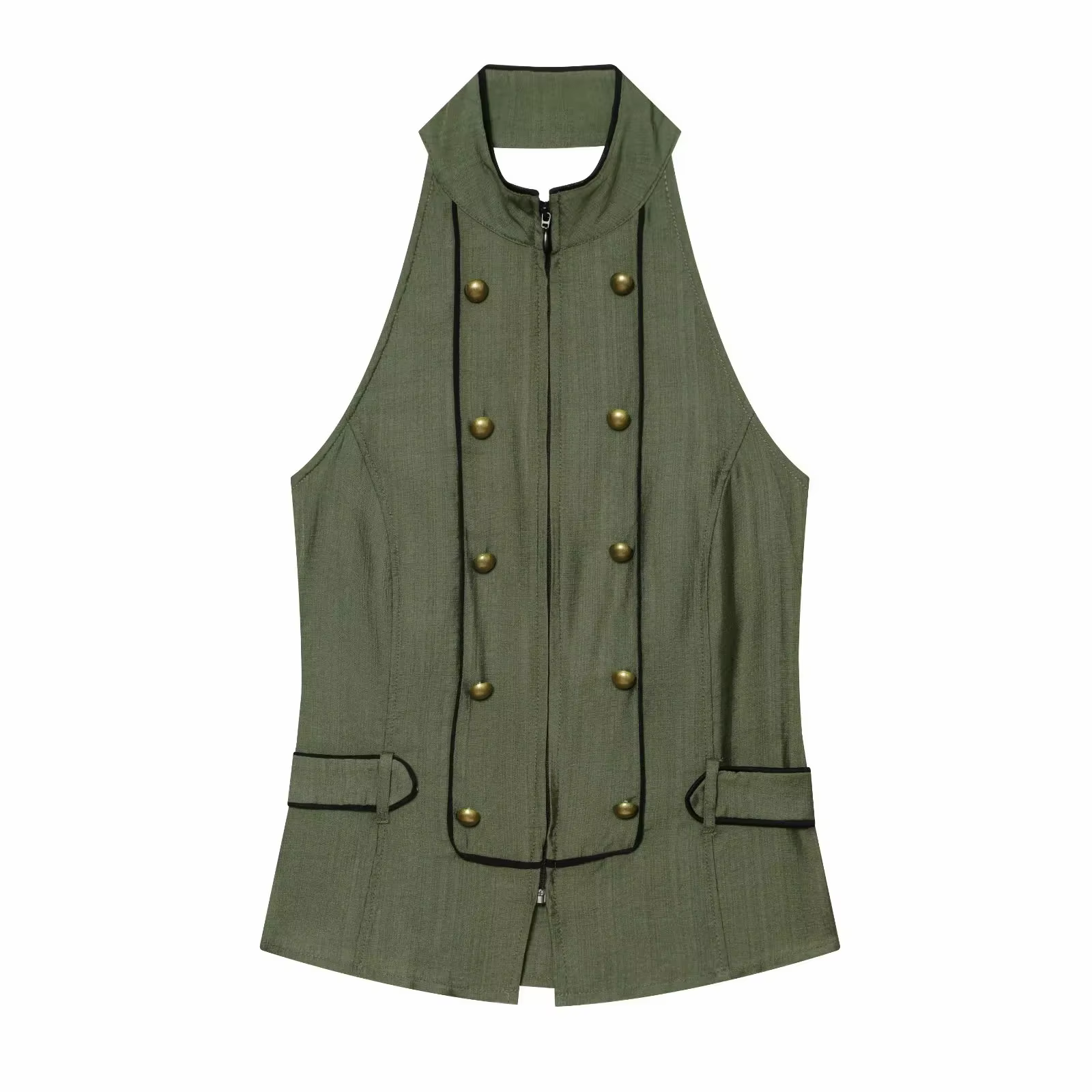 Nouveau débardeur élégant pour femme, col licou, sans manches, col montant, chic, boutonné, coupe aj