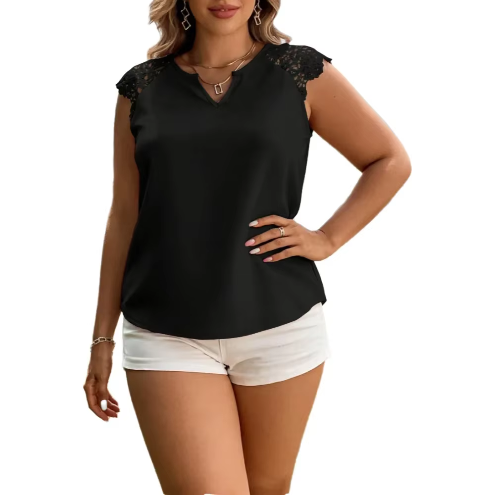 Débardeur Chic Grande Taille pour Femme – Col V, Dentelle, Uni, Ample, Décontracté, Printemps-Été, D