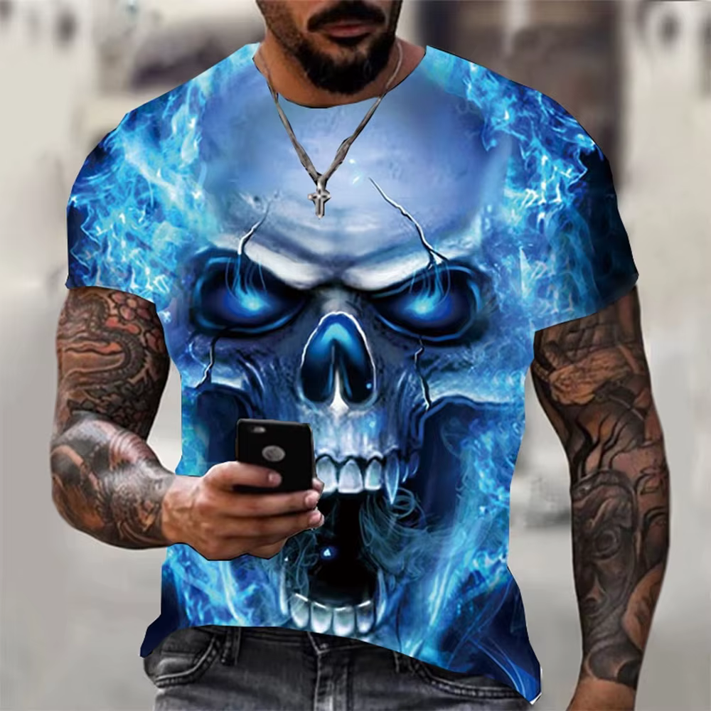 T-shirt d'été à manches courtes pour hommes, imprimé tête de mort en 3D, personnalisé, cool, punk ro