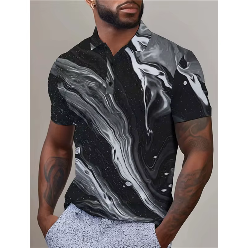 Polo imprimé 3D motif marbre pour homme, manches courtes, col revers, boutons, coupe ample, pour l'e