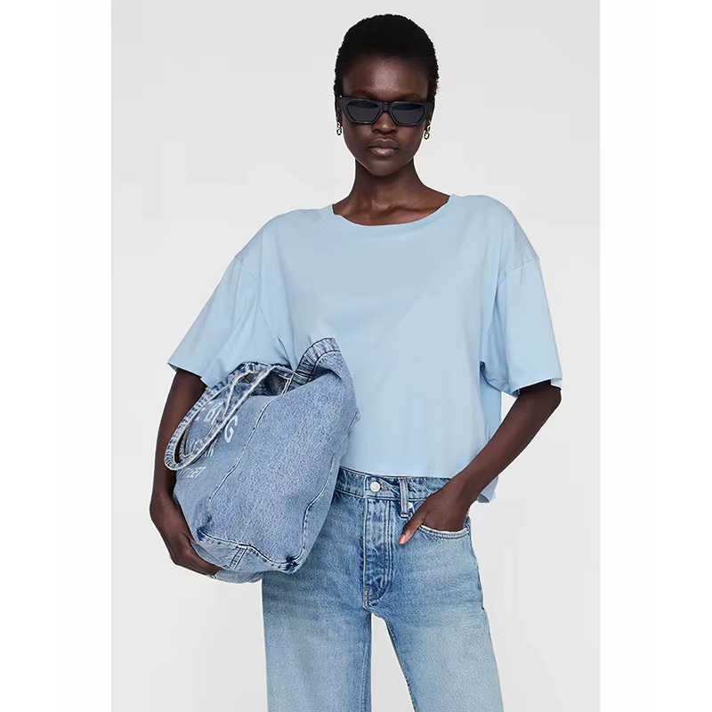 Nouveau T-shirt pour femme style nord-américain, basique uni, décontracté et cool, avec logo brodé, 
