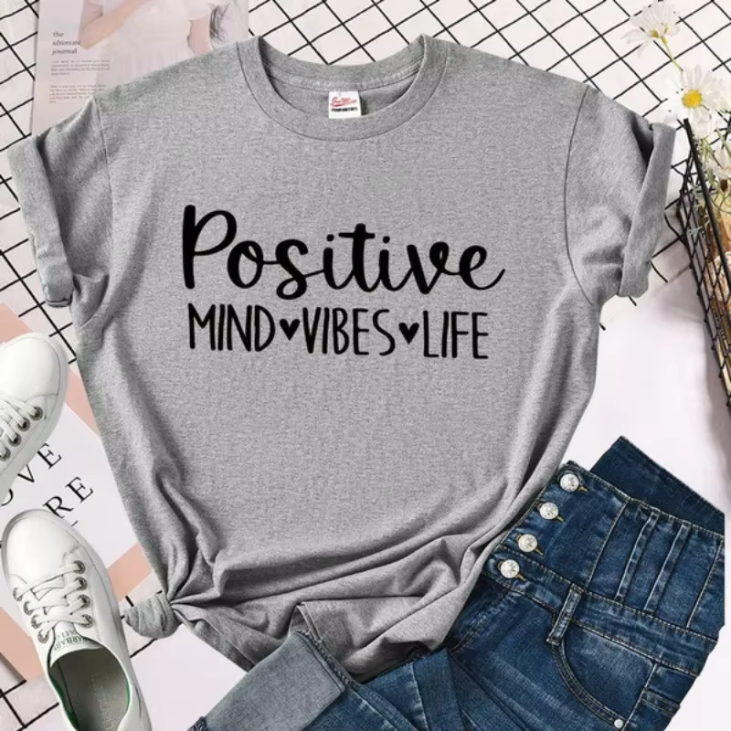 T-shirt manches courtes col rond femme, estival et positif, avec lettres imprimées Beaumont Vibes Li