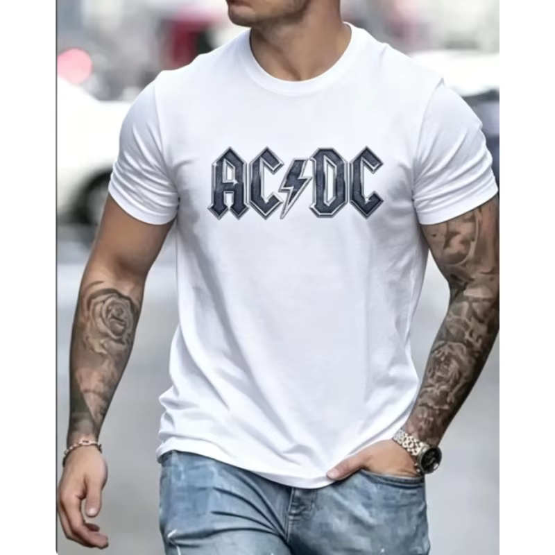 T-shirt imprimé AC/DC pour hommes, haut à manches courtes de groupe de rock classique, en pur coton,