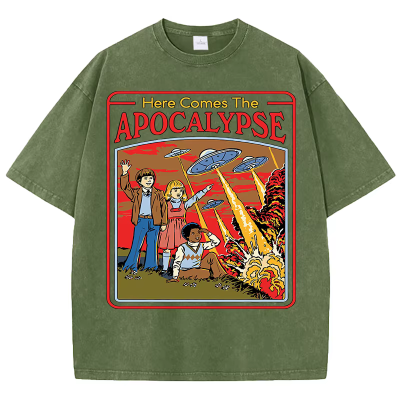 T-shirt vintage imprimé Apocalypse, style rétro délavé, pour homme, été, unisexe, en coton, tendance