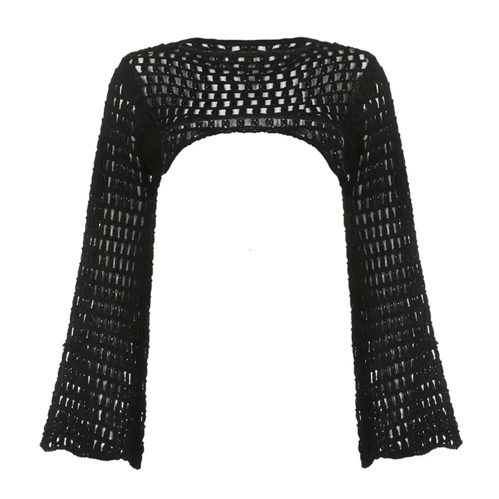 Haut court ajouré en tricot au Crochet pour femmes, chemisier Sexy Y2k, chemises à manches longues é