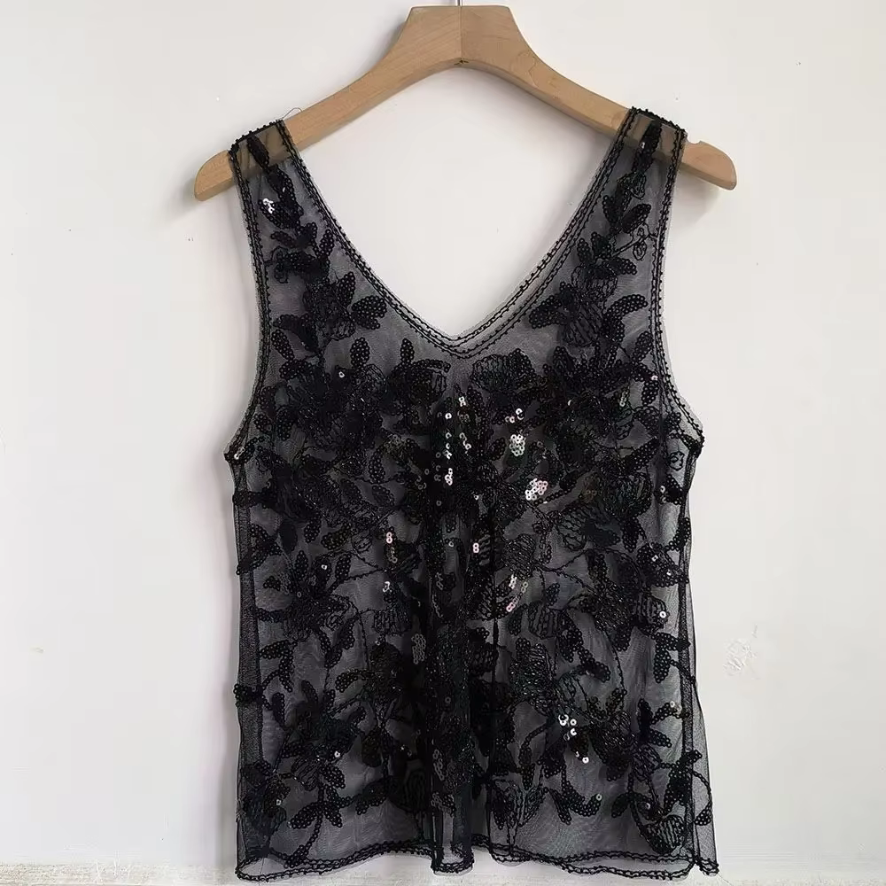 Paillettes perles Style français 2025 été nouveau gilet sans manches coupe ajustée Perspective Sexy