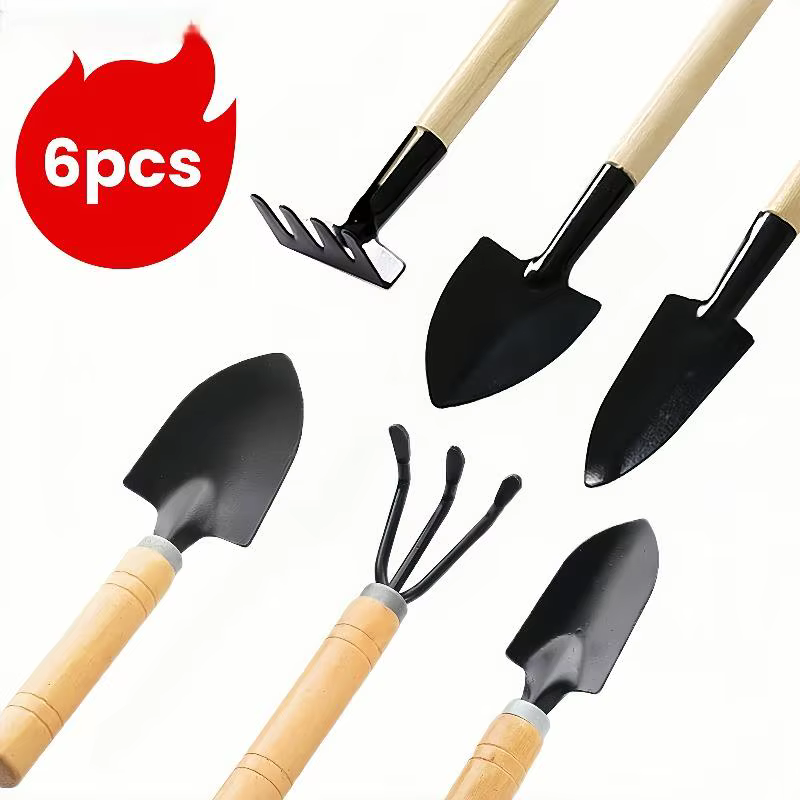 Ensemble de 6 mini-outils de jardinage avec manche en bois, kit de jardinage pour la plantation de l