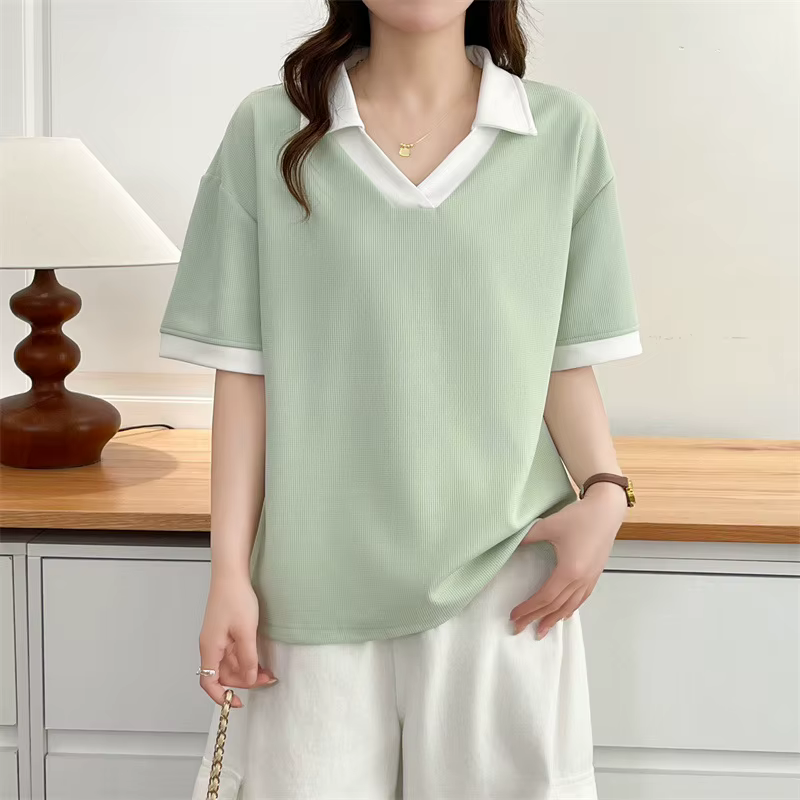T-shirt décontracté à col polo et blocs de couleur pour femme grande taille, manches courtes, été 20