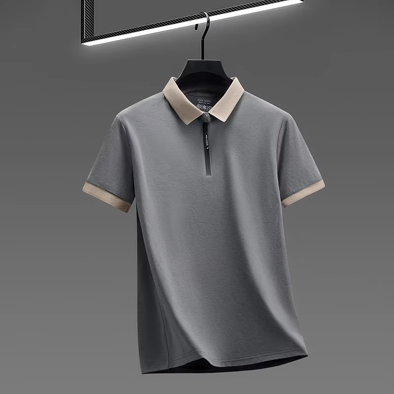 Polo à col zippé pour homme, design contrasté aux poignets, coupe classique, tissu doux, haut décont